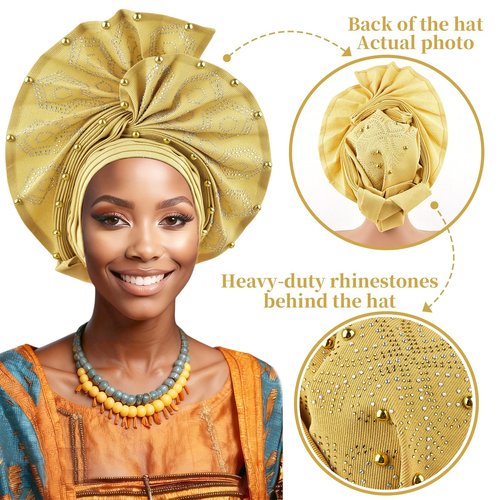 Nigerian headwear for Women African headscar,Auto Gele headband,hand wrap beaded - made for weddings parties events (Gold)