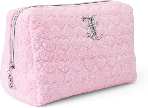 Juicy Couture Pink Makeup Bag - Travel Organizer with Zip Top & Heart Logo Design