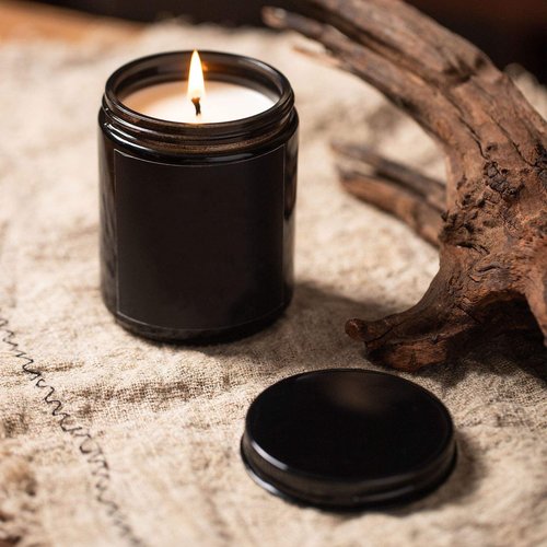 KIGITIK 6 pack 8oz Black Glass Jars and Plastic & Metal Lids, Refillable Thick Glass Jars For Candle, Storage, Spice, Liquid, Powder. (8oz Black)