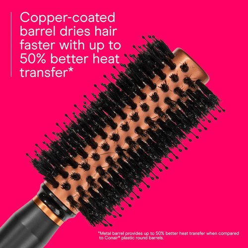 Conair Quick Dry Copper Round Hair Brush - Fast Blow Drying & Voluminous Styles | Nylon & Boar Bristles