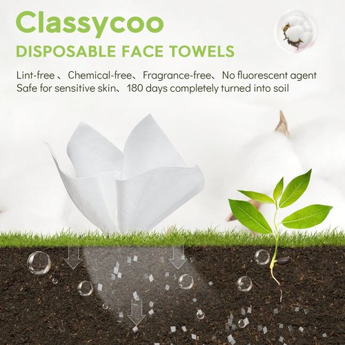 Classycoo XL Disposable Face Towel, 100% Cotton Ultra-Soft for Sensitive-Skin, Odor-Free,Facial Cleansing Wipes Makeup Remover Cloths for Travel, Home Hand Dry Wipe(12 x 10 Inch, 50 Count)