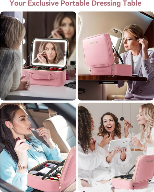 JUSRON Travel Makeup Bag - LED Mirror & Adjustable Dividers - Portable Organizer in Pink (Large)