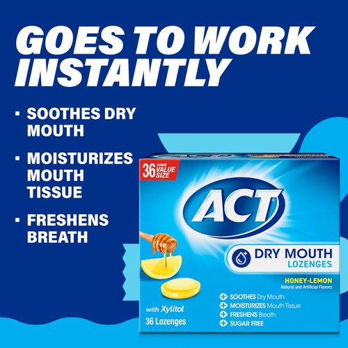 ACT Dry Mouth Lozenges with Xylitol, Soothes, Moisturizes & Freshens, Honey-Lemon, Value Size, 36 ct., 2 pk