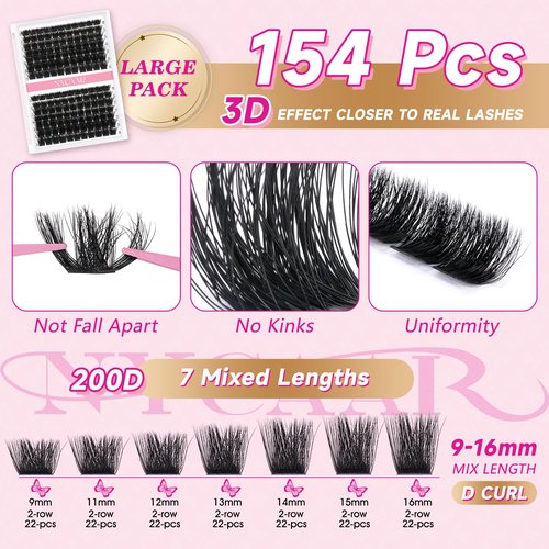 Lash Clusters 3D Effect Individual Lashes Kit NYCAAR 154pcs 200D D Curl 9-16MIX Eyelash Clusters Wispy Lashes Fluffy Cluster Lashes Kit with Lash Glue Remover Applicator Easy to Use for Beginners