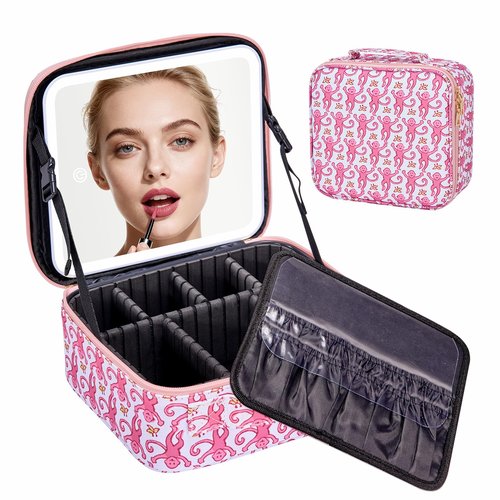 HMPEAIIY Travel Makeup Bag Organizer with LED Mirror, Portable Monkey Cosmetic Train Case with Adjustable Dividers, Brush Storage Board for Women Christmas Thanksgiving Valentine Birthday Gift (Pink)