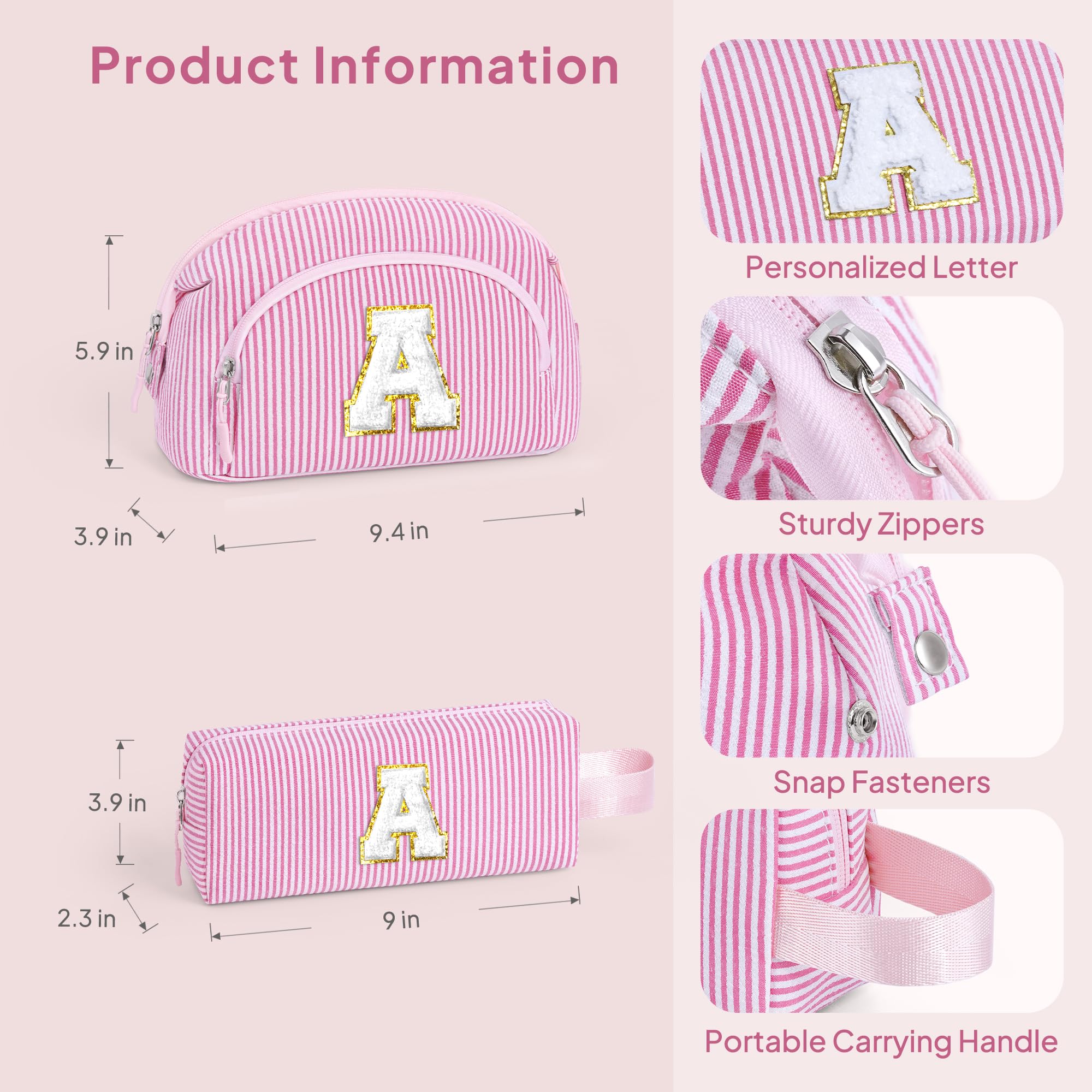 YOOLIFE Easter Gifts for Teens Girls Kids, Initial Travel Makeup Bag Cosmetic Bag Pink | Teen Girl Gifts, Gift for Women Friend Birthday Gift 11 12 13 14 15 Year Old Girl Easter Basket Stuffers Pink A