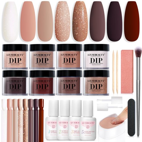 AZUREBEAUTY Dip Nails Powder Starter Kit 8 Colors with Nail Sticks Nude Brown Giltter Shimmer Set Nail Art Base Glossy Matte Top Coat Activator Essential Liquid Manicure DIY Salon 30 PCS