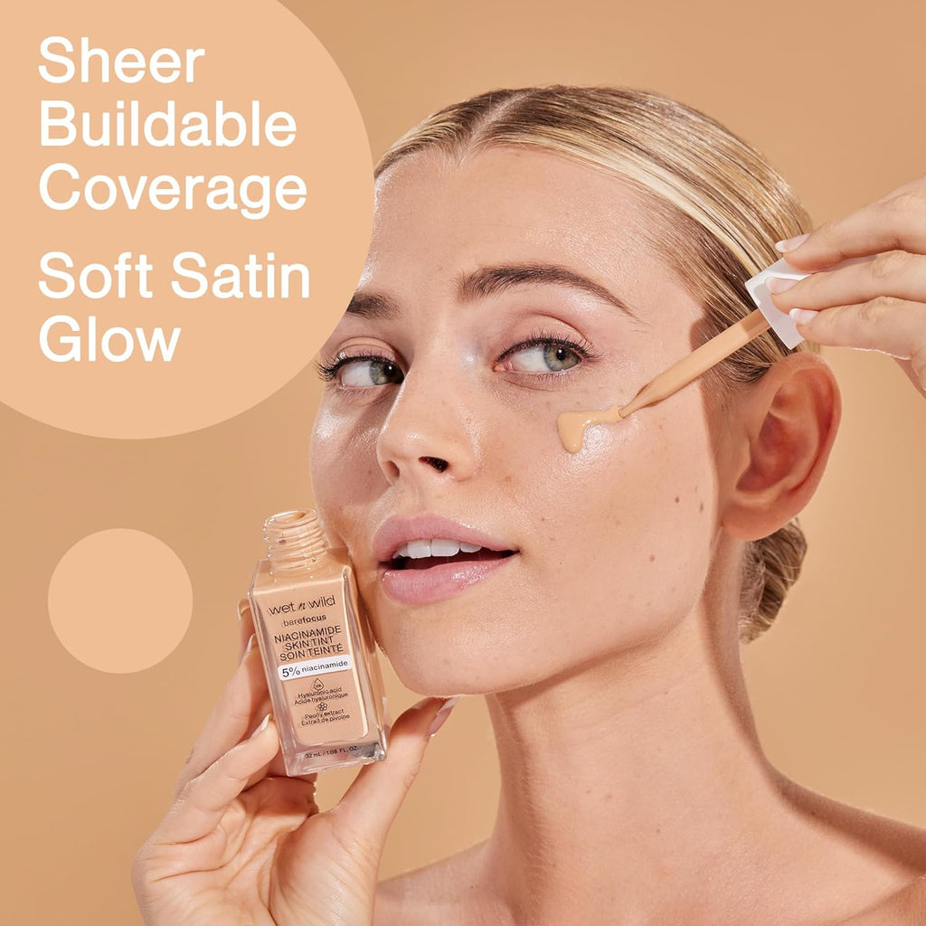 Wet n Wild Bare Focus Skin Tint - 5% Niacinamide, Buildable Sheer Coverage, Natural Radiant Finish | Peach Ivory