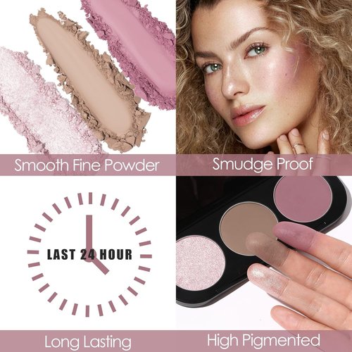 FOCALLURE Blush and Highlighter Palette - 3-in-1 Contour Set with Matte Bronzer & Shimmer Illuminators | #08
