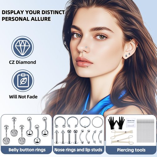 TKKUY 110Pcs Piercing Kit for all Body Piercings with Piercing Tools for Eyebrow Nose Ear Septum Belly Button Lip Tongue Cartilage and More with 12G 14G 16G 20G Piercing Needles