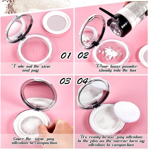 Cunhill Loose Powder Container Set - 2 Reusable Makeup Cases with Puff & Mirror | Pink & Silver, 0.17/0.7 oz