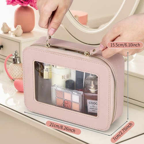 LOFOWN Clear Makeup Bag Women's Waterproof Travel Cosmetic Case and Toiletry Bag Portable Makeup Organizer Bag Car Essential with Zipper (Pink, M-1)