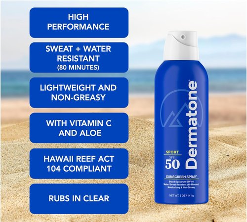 Dermatone Sport Sunscreen Spray SPF 50 - Broad Spectrum, Moisturizing & Water-Resistant | 5oz with Vitamin C, Aloe & Vitamin E
