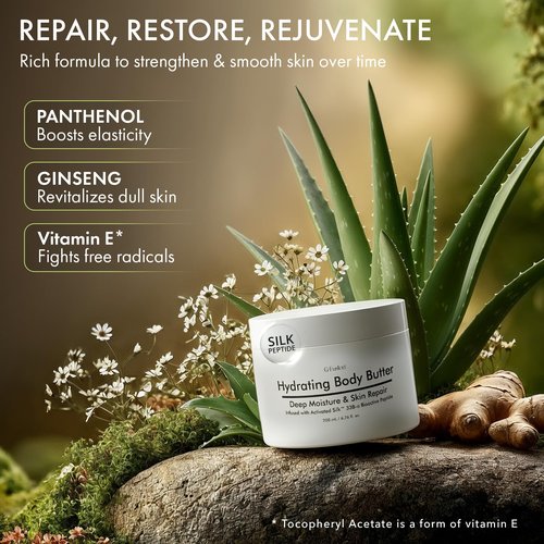 Hydrating Silk Peptide Body Butter - Lightweight Non-Greasy Moisturizer with Aloe Vera, Vitamin E & Herbal Extracts for Dry, Rough, and Sensitive Skin - Deep Nourishment Body Glaze & Hydration