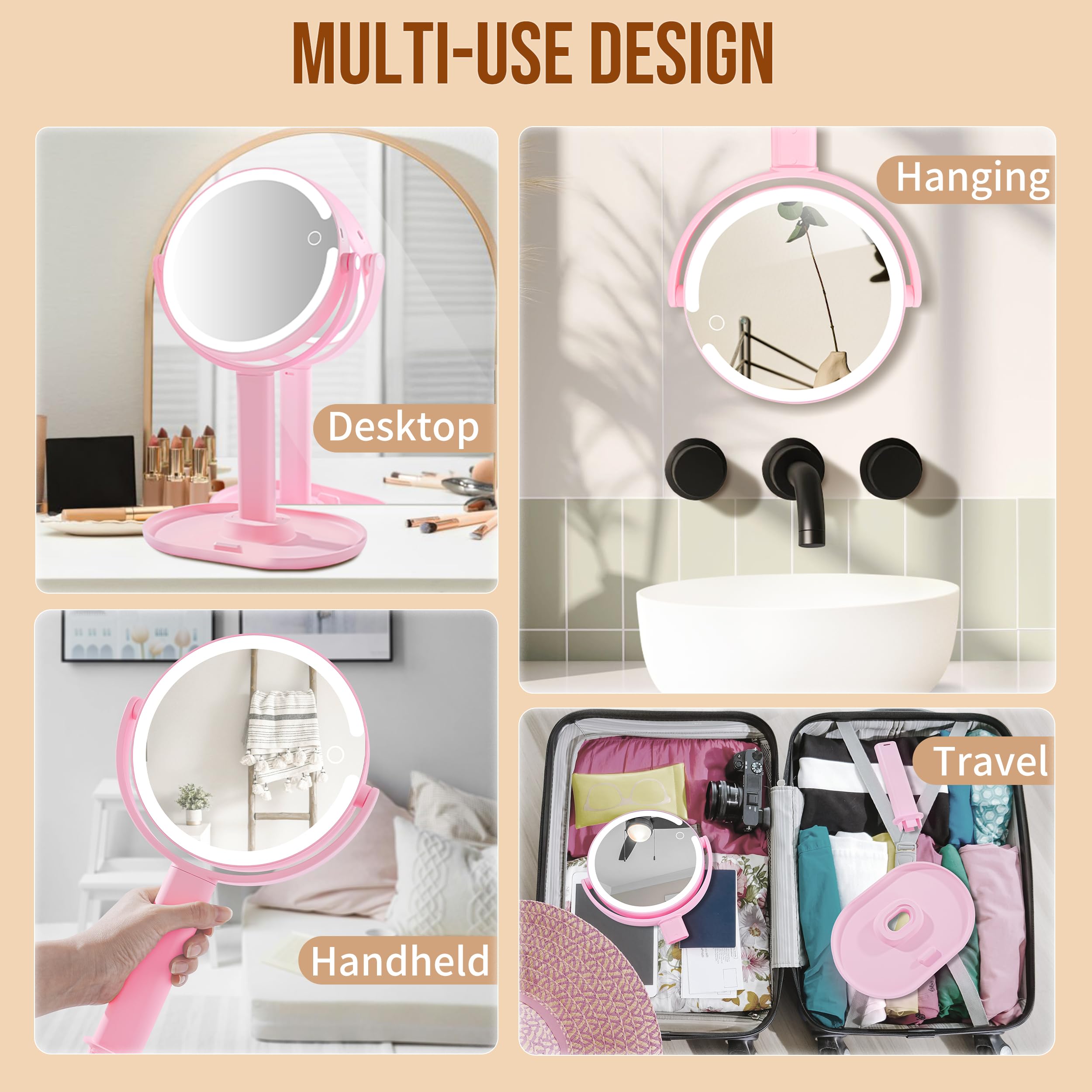vpu Vanity Makeup Mirror with Lights, 10X/1X Double Sided Magnifying Light up Desk Mirror with Stand Cosmetic Organizer, 3 Color Brightness Adjustable 360° Rotation Detachable for Travel