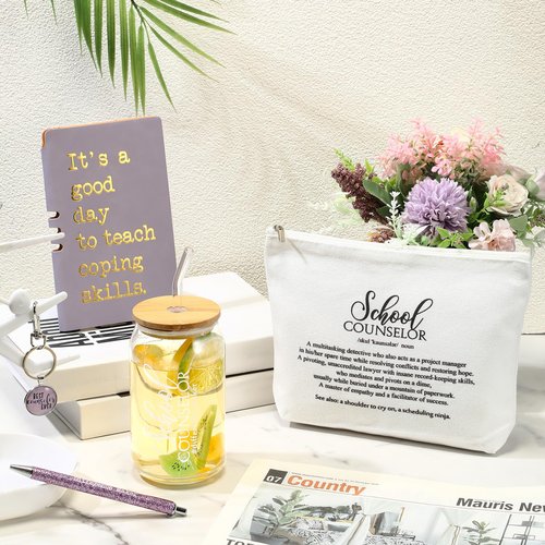 Sunnychicc 5 Pcs School Counselor Must Have for Women 16oz Glass Cup Makeup Bag Leather Notebook Pen Keychain Thank You Gift for School Counseling Week Guidance Teacher Appreciation(Purple)