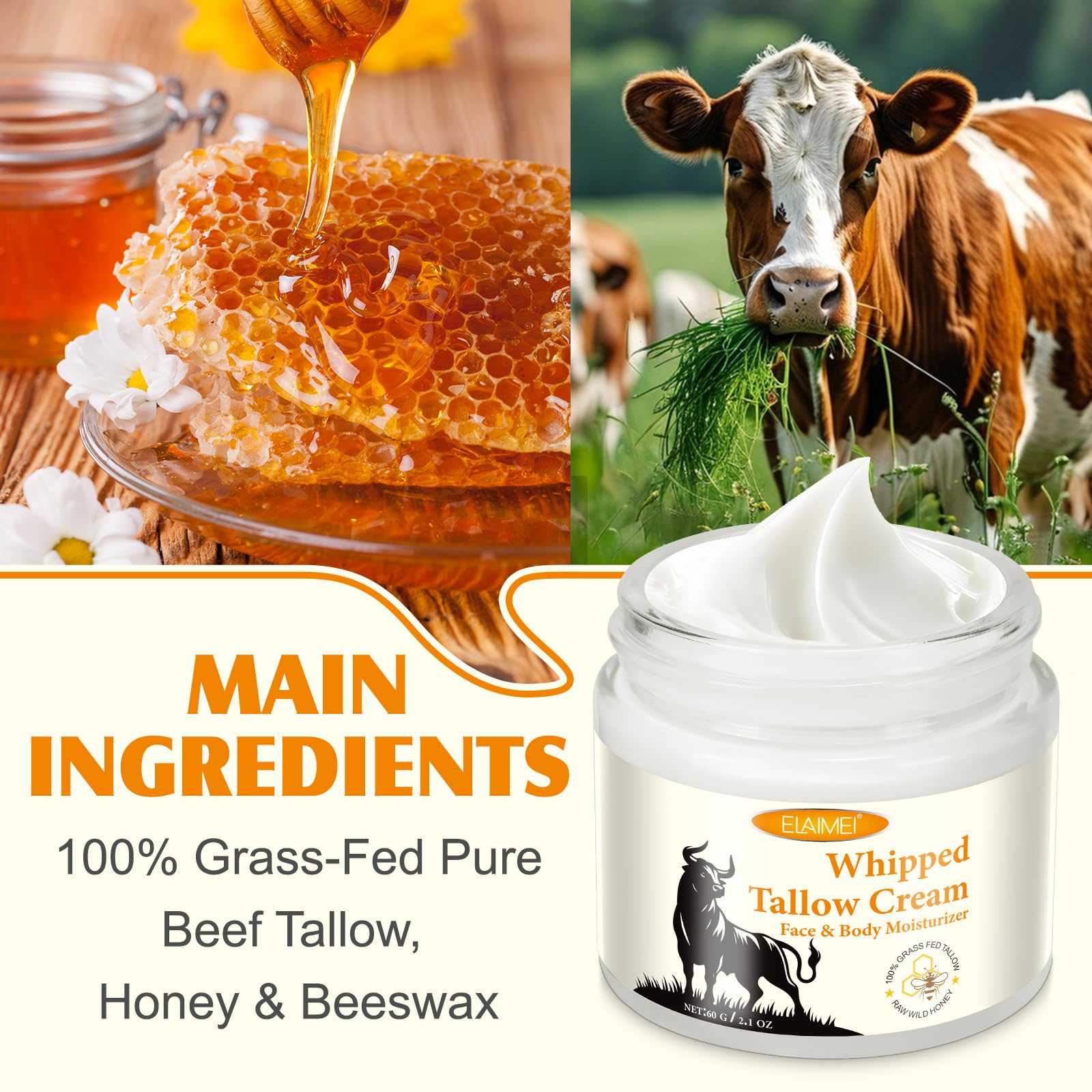 ZIXAOK Grass-Fed Tallow & Raw Honey Balm | Whipped Skin Cream for Face & Body | Soothes & Repairs Dry, Sensitive Skin | Organic, All-Natural Deep Hydration (2.1 oz)