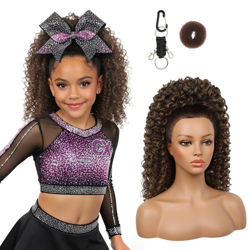 SEIKEA Cheer Ponytail Hair Piece, 100% Super Protein Fiber Curly Cheerleader Hairpiece Lightweight Fluffy Natural Soft 18" Ponytail Extension for Cheerleader Competition, Dance Mocha Melt