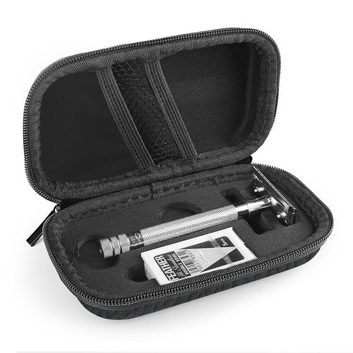 Linkidea Hard Travel Case Compatible with Vikings, Merkur, Shaving Revolution Double Edge Safety Razor, Storage Box Organizer for Safety Razor & Shaving Attachments (Lychee Vegan Leather), Black,