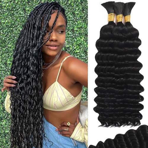 Human Braiding Hair for Boho Braids 18Inch 120g 12A Deep Water Wave Braiding Hair for Curly Boho Hair Braiding Knotless Bulk Bohemian Natural Black
