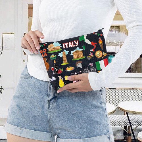 LEVLO Italy Travel Pouch Bag Rome Souvenir Gift Pisa Tower Colosseum Venice Carnival Zipper Pouch Bag Italy Trip Gift (Italy Black)