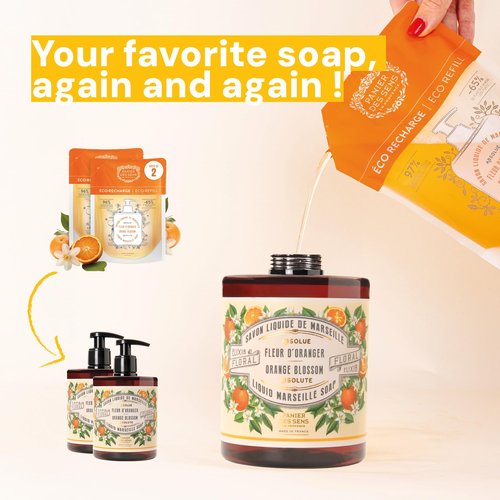 Panier des Sens Liquid Hand Soap Refill – Orange Blossom Hand Soap Refills – French Moisturizing Hand Wash with Coconut Oil - Kitchen & Bathroom Hand Wash- Orange Soap Refill 96% Natural - 34 Floz