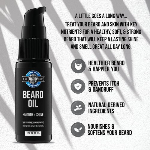 Game Face Natural Beard Oil - Hydrating Men's Beard & Mustache Oil | Eucalyptus & Sea Salt, 1 fl oz | Lightweight Formula for Silky Smooth Shine