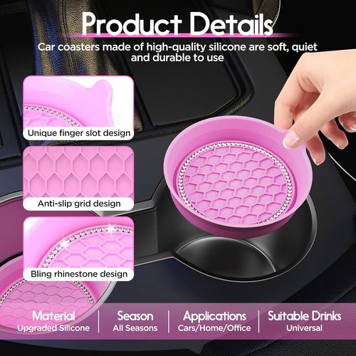 Amooca Car Cup Coaster - Universal Non-Slip Holders with Bling Crystal Rhinestones | 4 Pack Pink