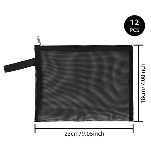 Topfinder 12 Psc Mesh Zipper Pouch Bags,Small Comestic Makeup Bage For Travel, Purse Organizer Pouches (Black, A5*12)