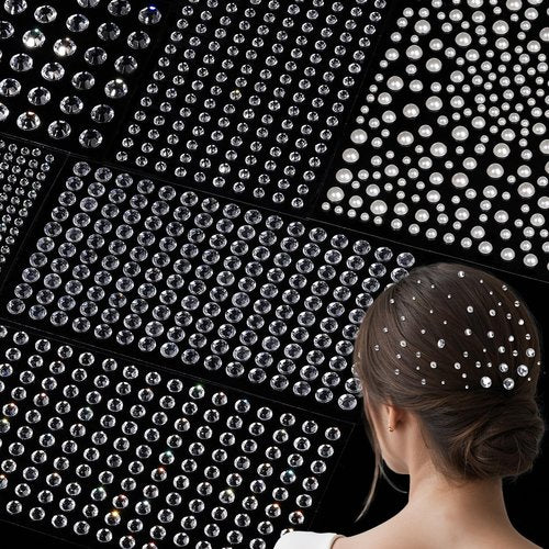Teenitor 2662 Pcs Hair Gems Hair Pearls Face Gems, 12 Sheets Self Adhesive Face and Hair Jewels Bling Hair Accessories, Hair Face Jewels 3/4/5/6/8mm Hair Pearls Gems Stick on for Hair, Face, Crafts