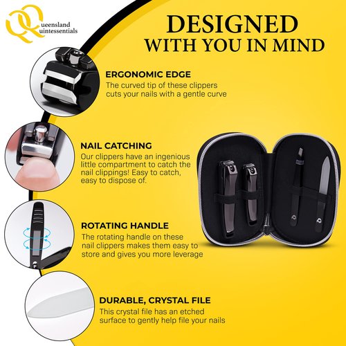 Queensland Quintessentials Nail Clipper Set - Nail Clippers for Men/Women - Includes Toenail/Fingernail Clippers, Tweezers, Crystal Nail File - Perfect for Thick Nails - Manicure/Pedicure Tool Kit