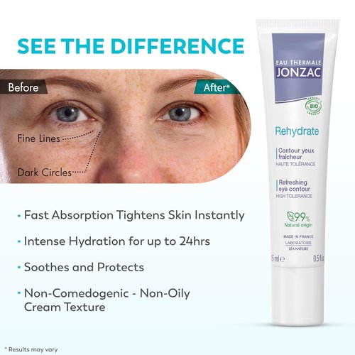 Eau Thermale Jonzac Rehydrate Eye Contour Cream - Soothing Hydration with Hyaluronic Acid for Dark Circles - 0.5 Fl Oz