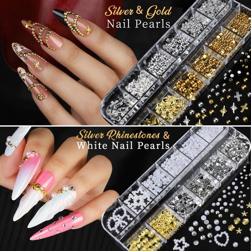 Teentior Nail Charms Nail Stickers with Nail Gems Kit, 8 Boxes Nail Art Rhinestones Gold Rhinestones for Nails, Nail Charms and Gems Pearls for Nails, 3D Nail Art Design Kit Nail Decorations for Women