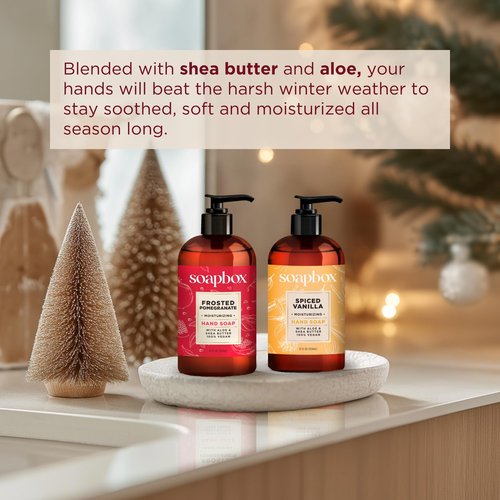 Soapbox Winter Hand Soaps, Spiced Vanilla & Frosted Pomegranate Liquid Hand Soap, Moisturizing Soap, Shea Butter & Aloe, Pack of 4, 12oz
