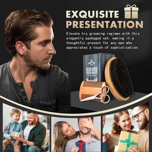 DEBETOOL Boar Bristle Beard Brush for Men - Wooden Beard Brush and Comb Set with Beard Scissors, Pocket Travel Men's Wooden Mustache Brush for Beard Care