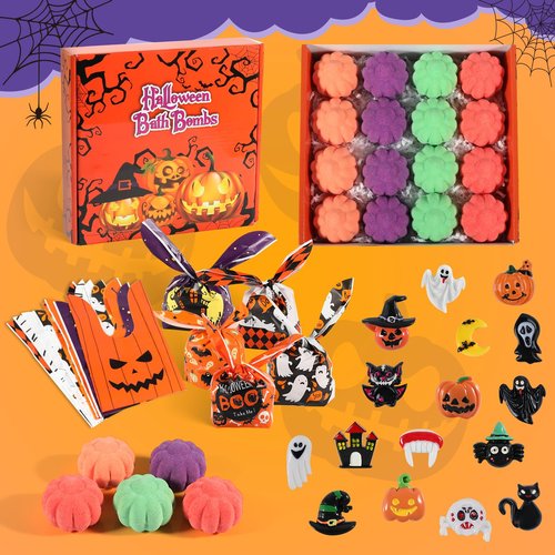 Halloween Gifts for Kids - 16pcs Halloween Bath Bombs for Kids with Toys Inside Halloween Party Favors Goodie Bag Fillers Bubble Bath with Spooky Pumpkin Bath Bombs