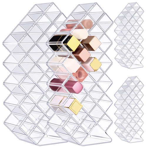 Hoolerry 4 Pack Acrylic Lipstick Holder Organizer 112 Slots Clear Lip Gloss Holder Organizers Stackable Lipsticks Tower Lipstick Case Display Stand Storage Box for Makeup Cosmetic Vanity (Trapezoid)