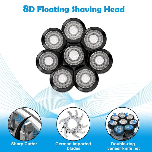 Skiennix Electric Shaver Replacement Heads - 8D Stainless Steel Rotary Blades for Bald Head Razor (8 Black Heads)