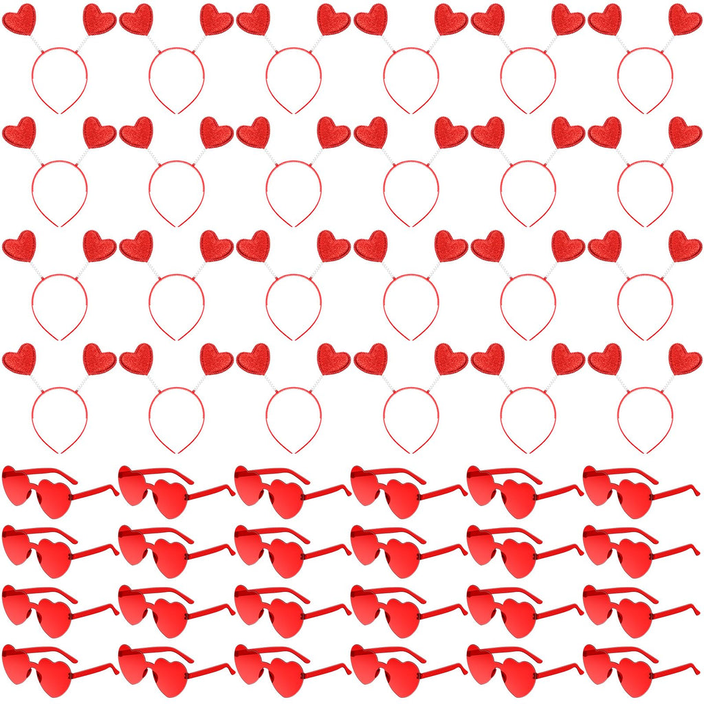 Yunsailing 48 Pcs Valentines Heart Head Boppers Headbands and Heart Sunglasses for Party Accessories(Red)