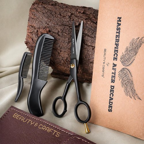 Beauty & Crafts- 5'' German Beard Mustache Scissors - 2 Mustache Comb for Facial Hair with Beautiful Pouch - Beard Trimming Scissors Use for Grooming, Cutting, and Styling of Mustache (Black)
