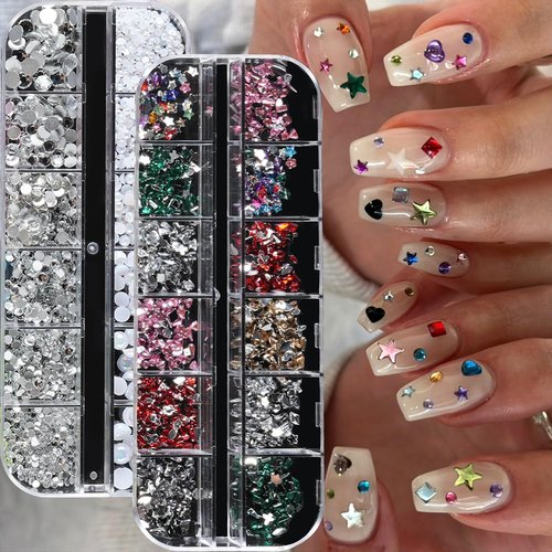 Tucepu Nail Charms and Gems Stuff, Nail Art Design Kit with 6 Boxes Rhinestones for Nails, 3D Colorful Flatback Jewelry Accessories, Bedazzling kit Suplies with Glue for Gifts