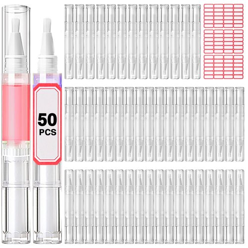 DupakSYS Cuticle Oil Pen 50Pcs 5ml Empty Nail Oil Pen Transparent Twist Pens with Brush Tip for Nail Oil, Eyelash Growth Liquid Tube, Cosmetic Lip Gloss Container Applicators + 72pcs Label