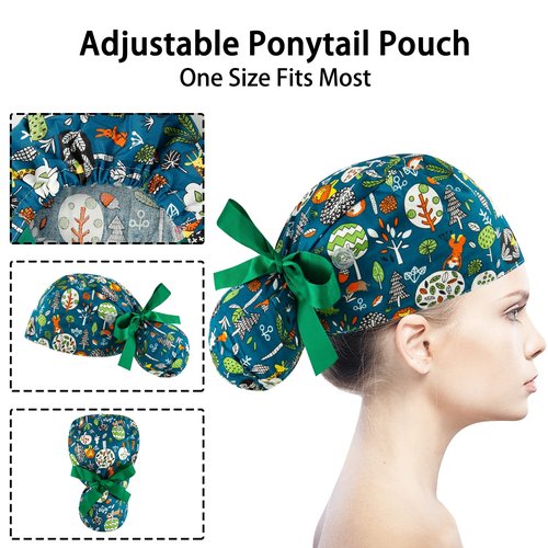 Scrub Caps Women Bouffant Scrub Hats Caps Nurses, Adjustable Working Cap Ponytail Pouch Tie Back Hats