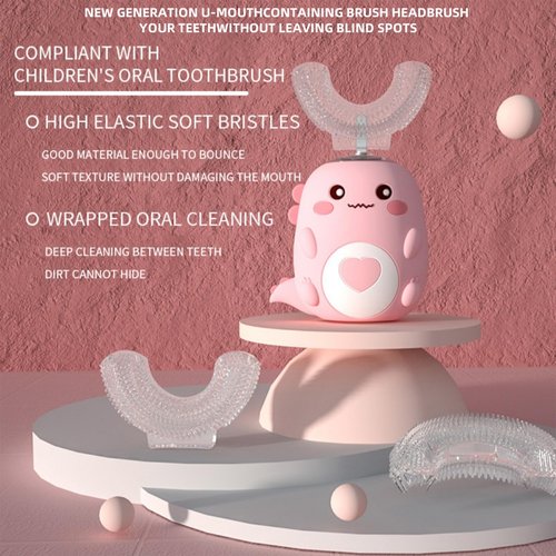 PLAYIKO Kids U Shaped Electric Toothbrush with 4 Brush Heads, 360° Sonic Automatic Toothbrush with 3 Cleaning Modes, IPX7 Waterproof Cartoon Dinosaur Design (Ages 2-12)