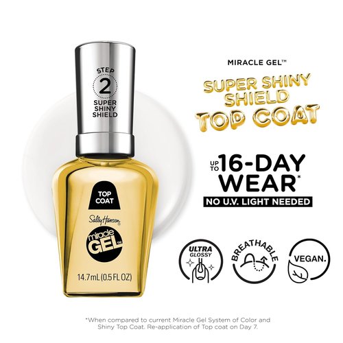 Sally Hansen Miracle Gel Nail Polish - Super Shiny Shield Top Coat | Long-Lasting, Gel-Like Finish, No UV Light Needed, Sheer Glossy