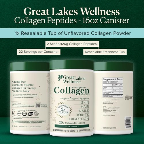 Great Lakes Wellness Collagen Peptides Powder - Hydrolyzed, Quick-Dissolve Formula for Skin, Hair & Joints | 16 oz, 22 Servings