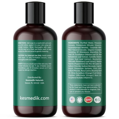 KESMEDIK Tea Tree Oil Foot & Body Soap with Peppermint, Cleanses, Refreshes & Soothes Itchy Skin, Antifungal & Antibacterial Support for Ringworm, Athlete’s Foot, Jock Itch & Demodex, 8 fl oz