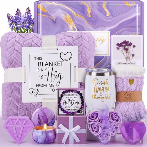 Birthday Gifts for Women Self Care Gift Set, Purple Relaxing Spa Gift Baskets Get Well Soon Care Package, Unique Valentines Day Gifts for Her Mom Wife Girlfriend Friends Sister