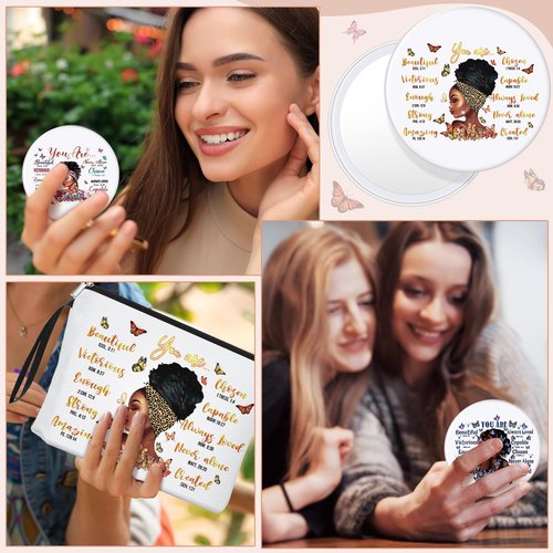 Roowest 20 Pcs Black Women Gifts Bulk Makeup Bag with Inspirational Compact Mirrors, Funny Small Travel Cosmetic Gifts for Womens Day Black Women