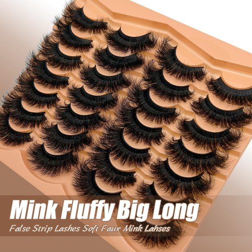 SISIYDY Mink Lashes Fluffy Dramatic Volume D Curl Big Lashes 20mm 25mm Long Cat Eyelashes Strips 14 Pairs Faux Mink Eyelash Pack Look Like Extensions For Full Eye Look YH203